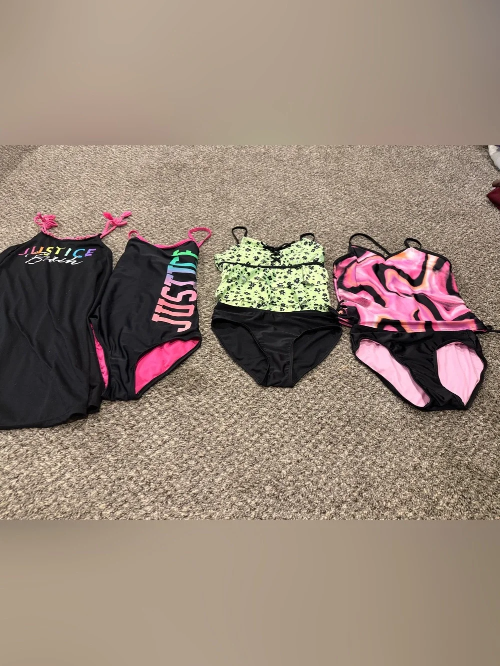 Justice Black Swimsuit with Neon Pink, Lime Green & Pink Swirl Mix